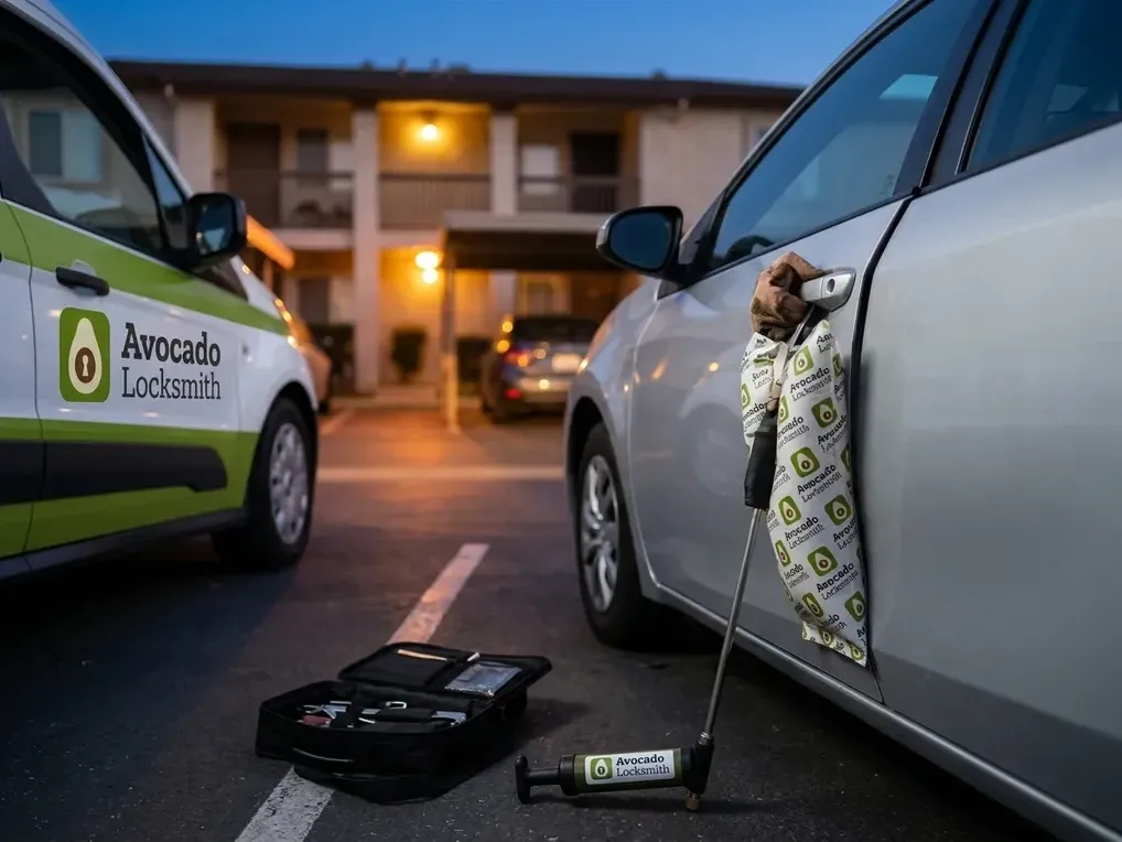 Car lockout at dusk: air wedge and long-reach tool at a sedan door in a Vista apartment parking lot