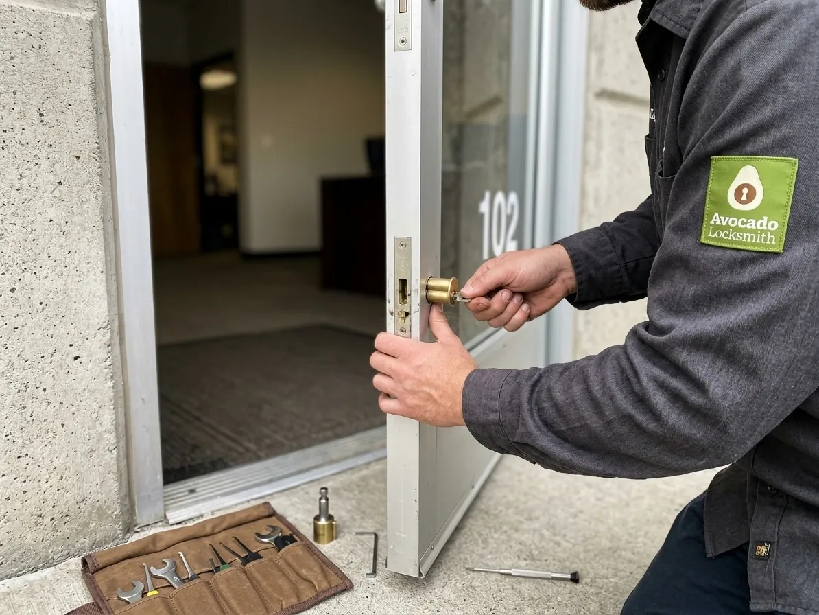 Locksmith rekeying a mortise cylinder on the glass storefront door of a Vista Business Park suite