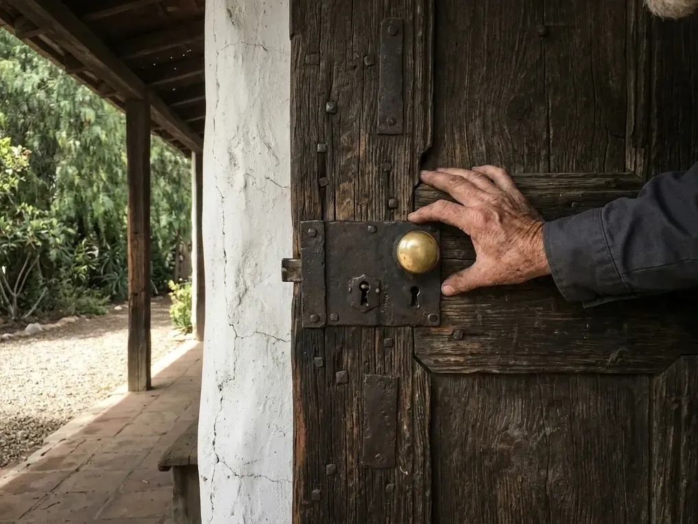 Hand-forged iron rim lock and brass knob on a historic adobe door in north Vista