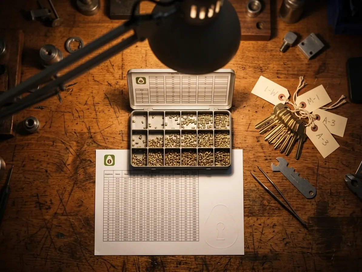 Pinning kit, tagged master and change keys, and a printed keying schedule on the shop bench