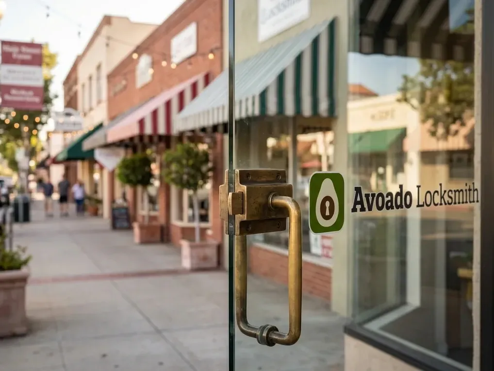 Glass storefront door with a brass pull on a downtown block of Vista Village
